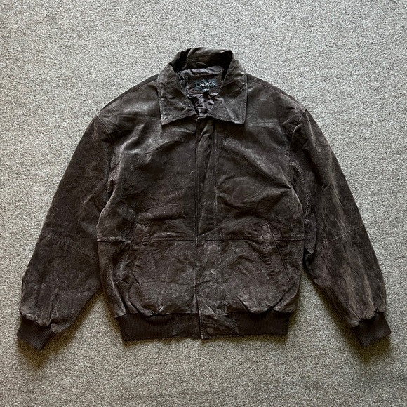 Lineage Brand Brown Suede Genuine Leather Bomber Flight Jacket Men’s Size Large - Picture 1 of 13